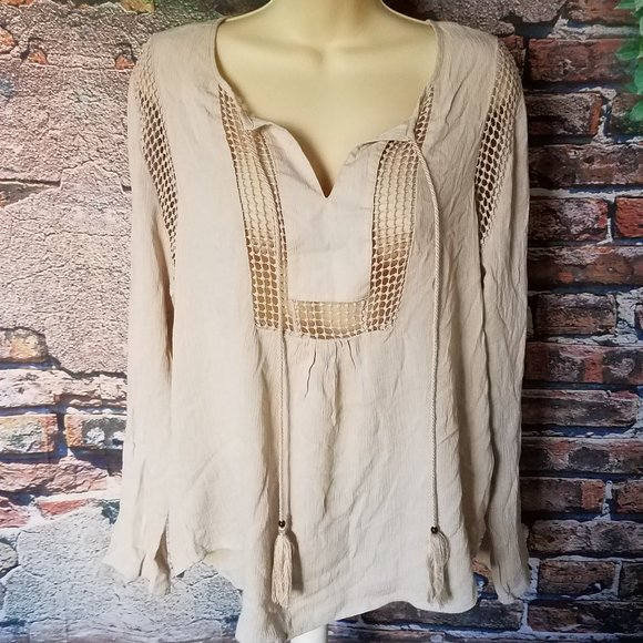 Boho Tan Crochet Detail Tassel Tie Front Blouse - Picture 2 of 5